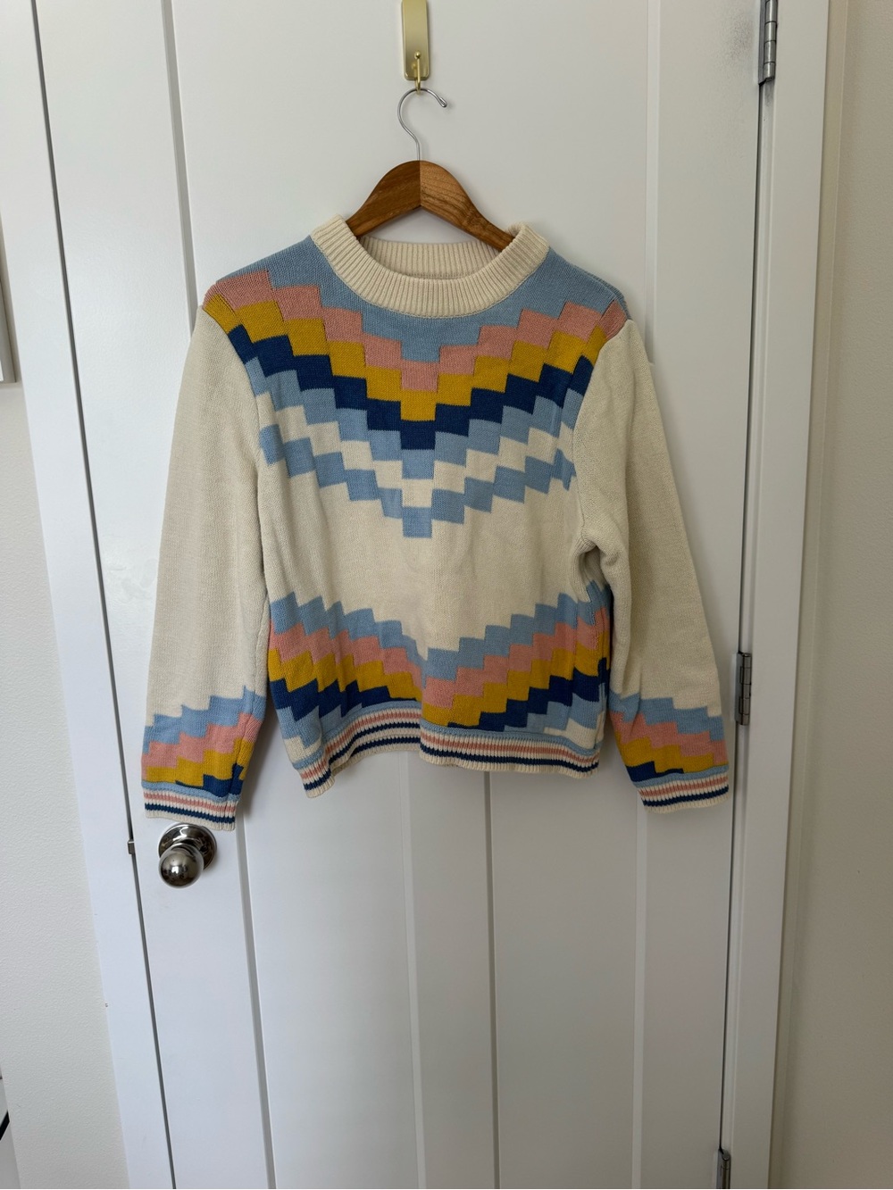 Callahan Cream Sweater with Pink, Blue and Yellow Chevron